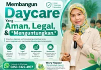 Ilustrasi legalitas daycare: poster bertuliskan 'Hukum Membuka Daycare Izin' dengan simbol timbangan keadilan dan dokumen izin yang diperlukan
